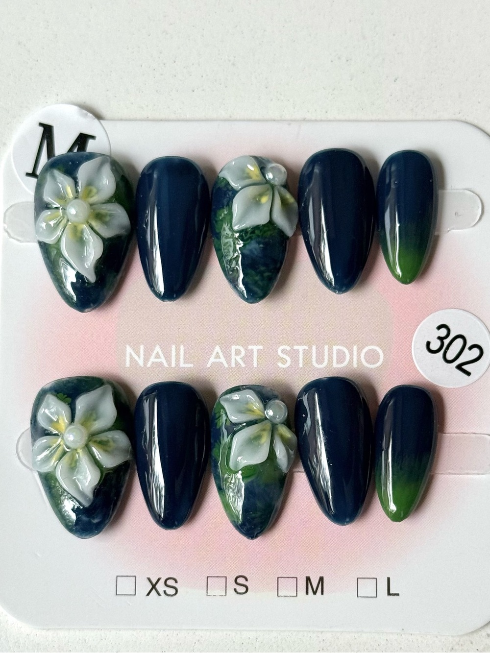 Handmade Dark Blue & Green 3D Floral Press-On Nails Size M Short Almond